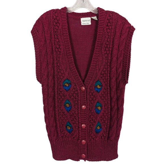Weathervane Sweaters - Weathervane hand knit Vintage Burgundy‎ Blue Sleeveless Cardigan Size Large